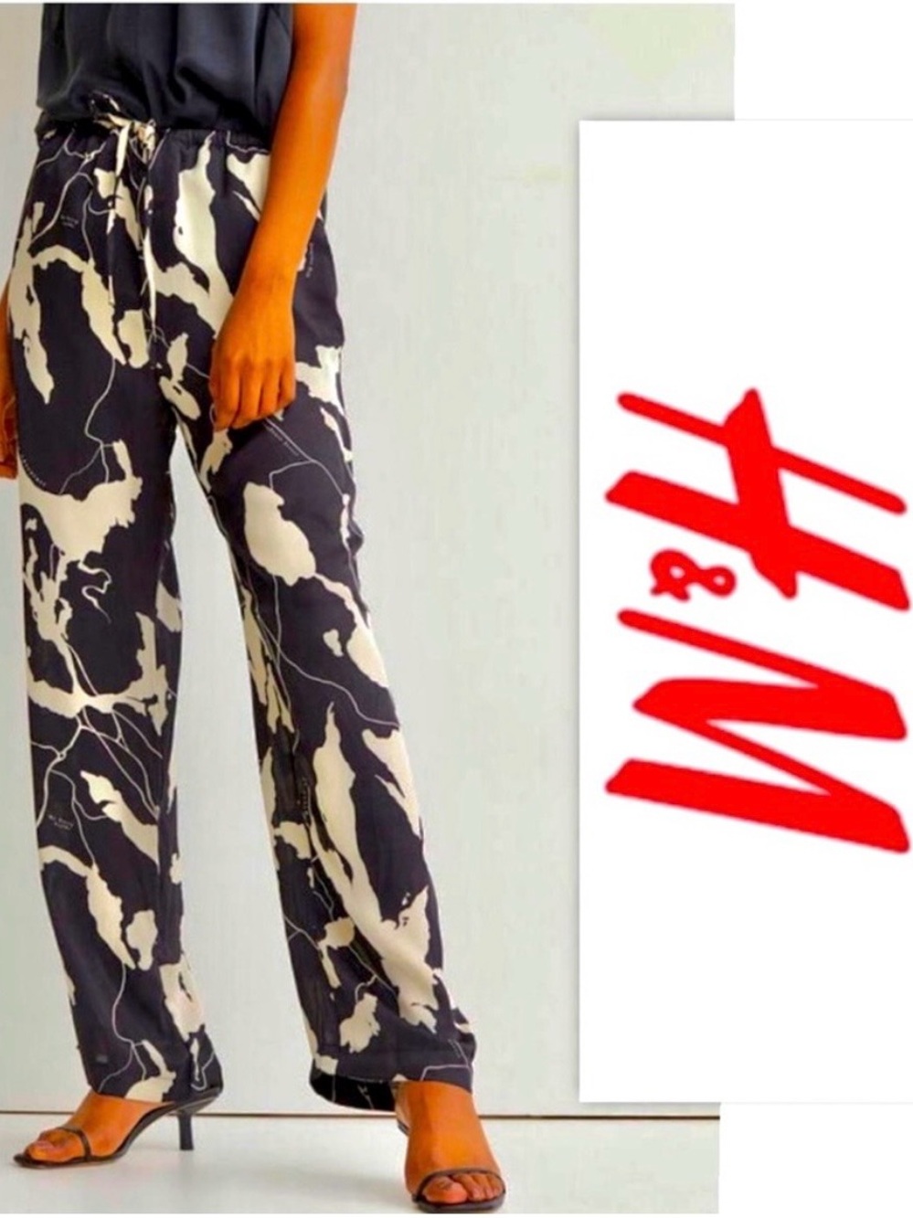 H&M Black and White Abstract-Print Wide-Leg Pants